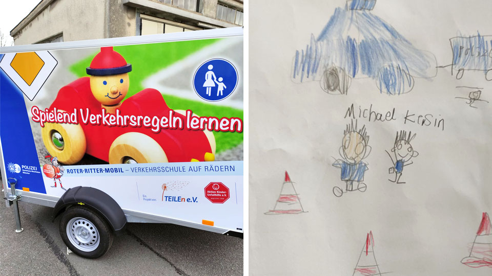 Bildercollage: Roter Ritter Mobil und Kinderzeichnung